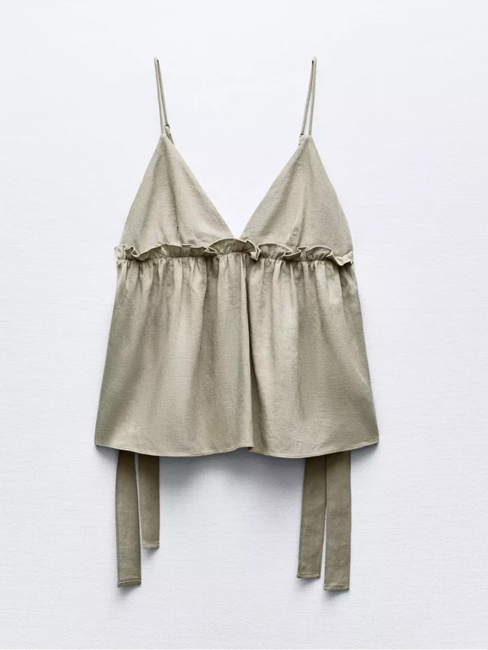 Zara Olive Ruffle-Front Spaghetti Strap Cami